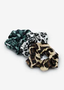 3-Piece Scrunchie Set in Leopard Print - Off-White, Green & Beige