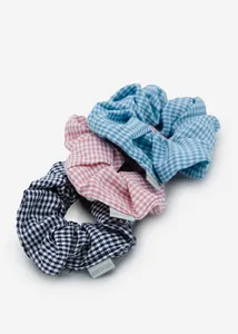 3-Piece Scrunchie Set in Check Pattern - Black, Blue & Pink